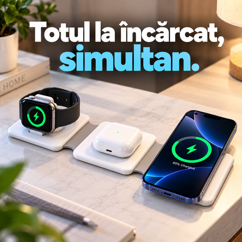 Stație Magnetică 3 în 1 pentru Încărcarea Telefonului, Ceasului și Căștilor