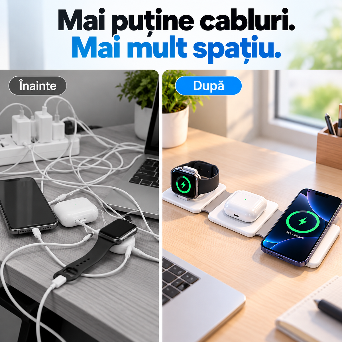 Stație Magnetică 3 în 1 pentru Încărcarea Telefonului, Ceasului și Căștilor