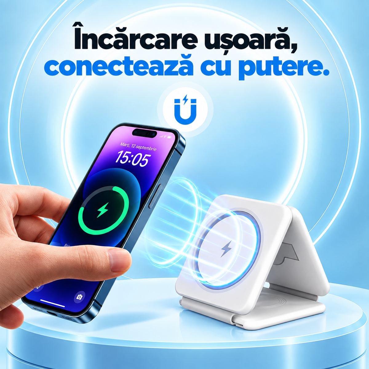 Stație Magnetică 3 în 1 pentru Încărcarea Telefonului, Ceasului și Căștilor