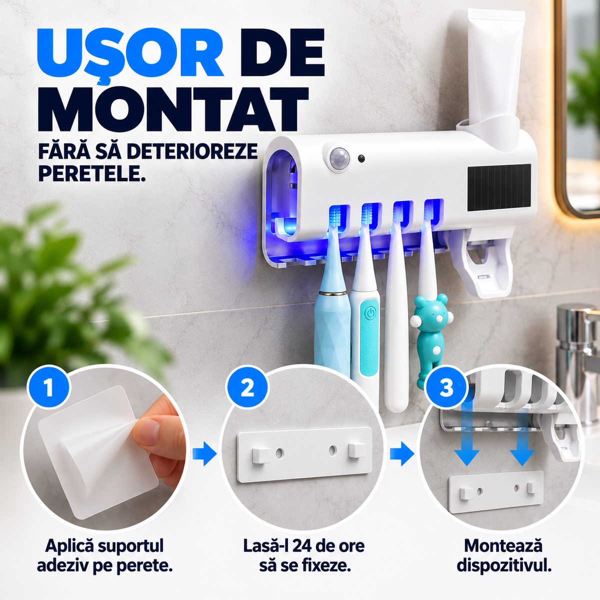 Suport Inteligent de Baie pentru Periuțe, Pastă și Sterilizare UV