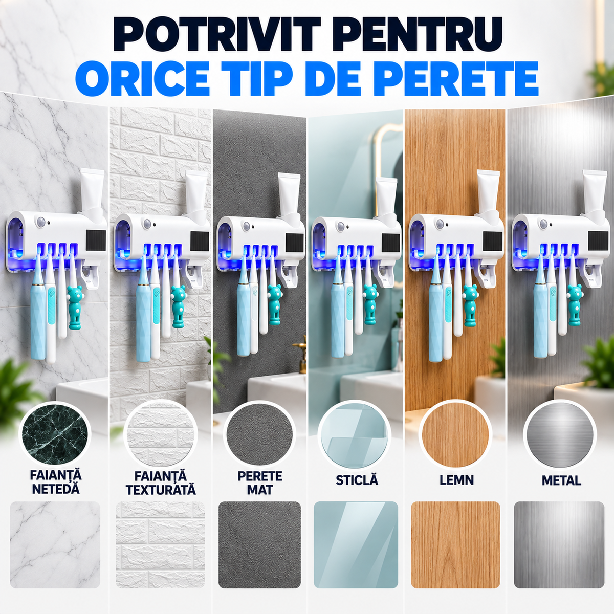 Suport Inteligent de Baie pentru Periuțe, Pastă și Sterilizare UV