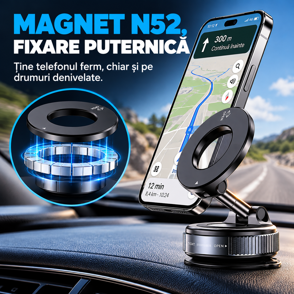 Suport Magnetic Reglabil pentru Telefon cu Bază Vacuum