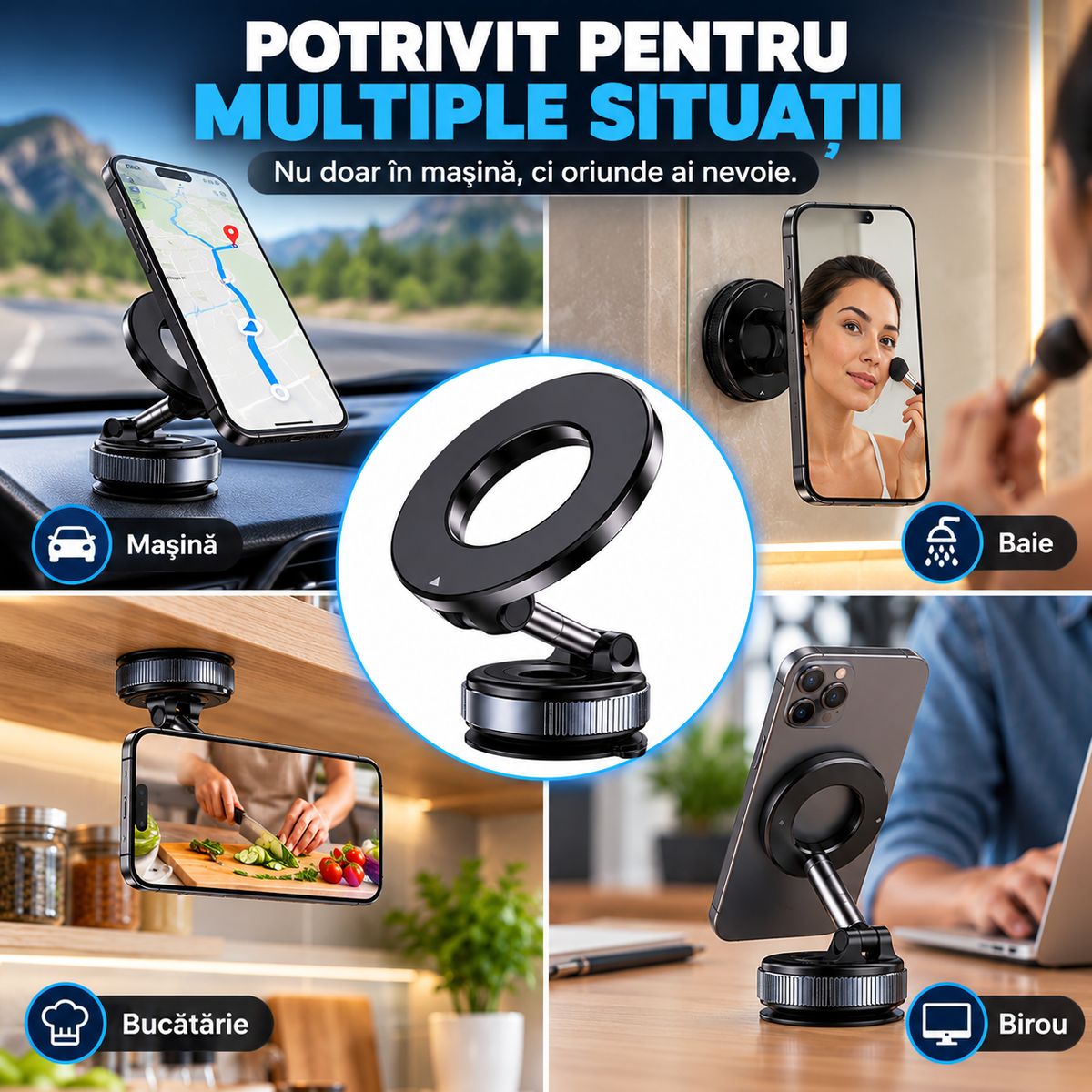 Suport Magnetic Reglabil pentru Telefon cu Bază Vacuum