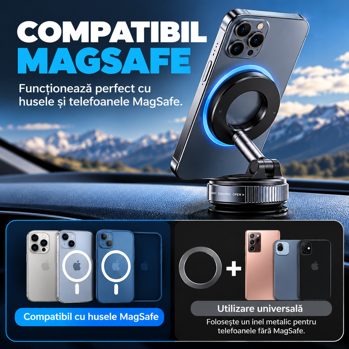 Suport Magnetic Reglabil pentru Telefon cu Bază Vacuum
