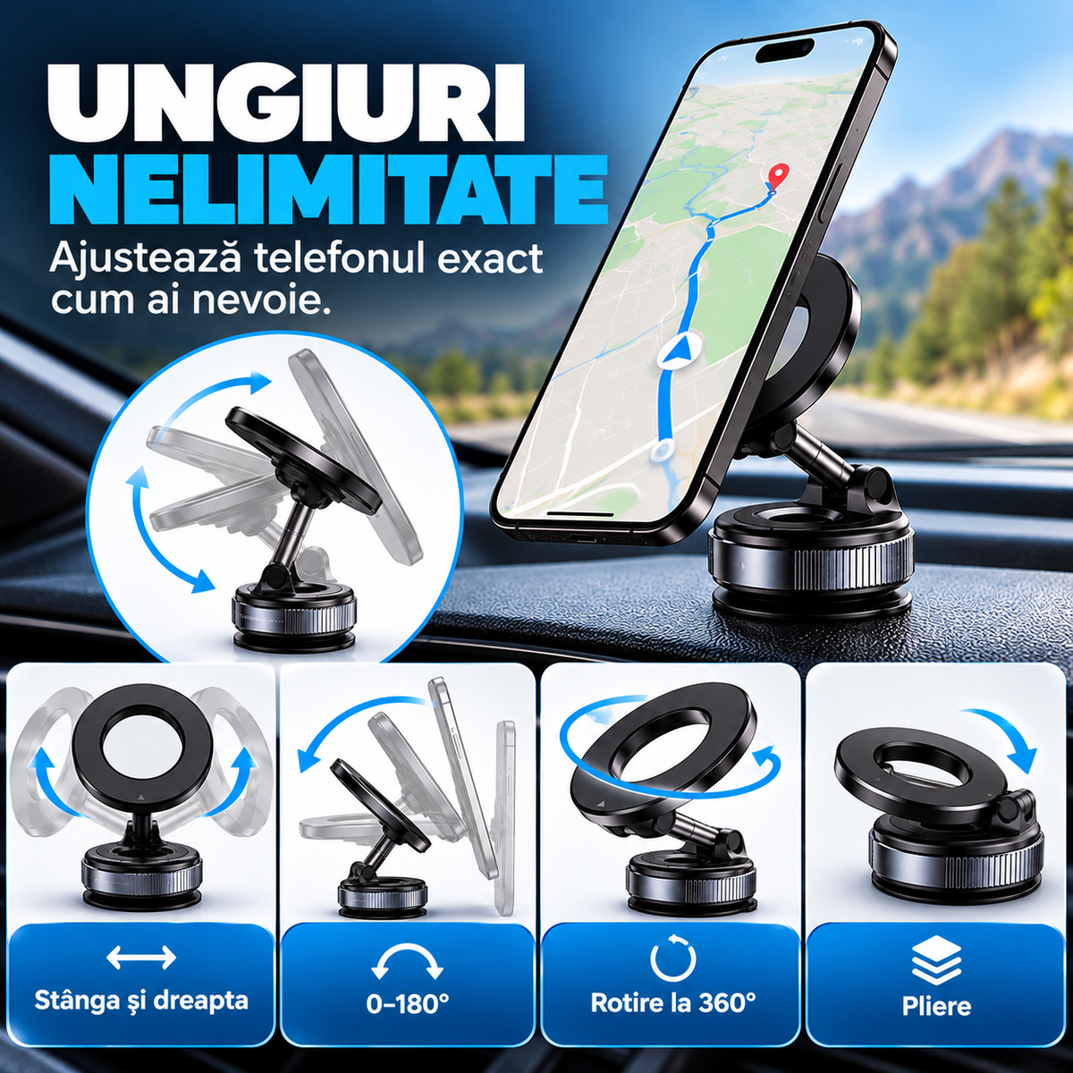 Suport Magnetic Reglabil pentru Telefon cu Bază Vacuum
